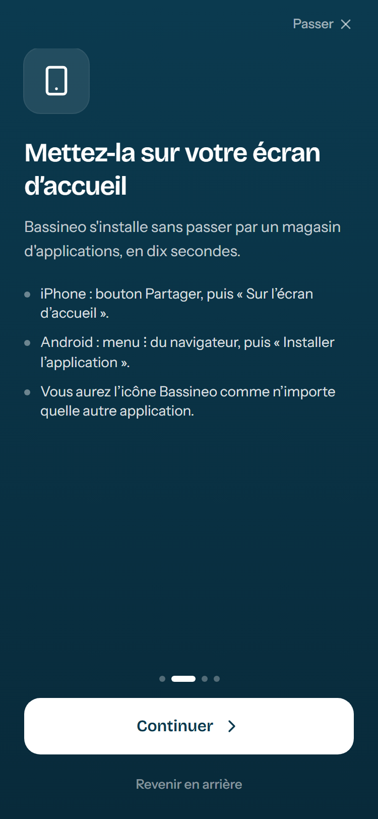 L'écran qui explique l'installation sur le téléphone.