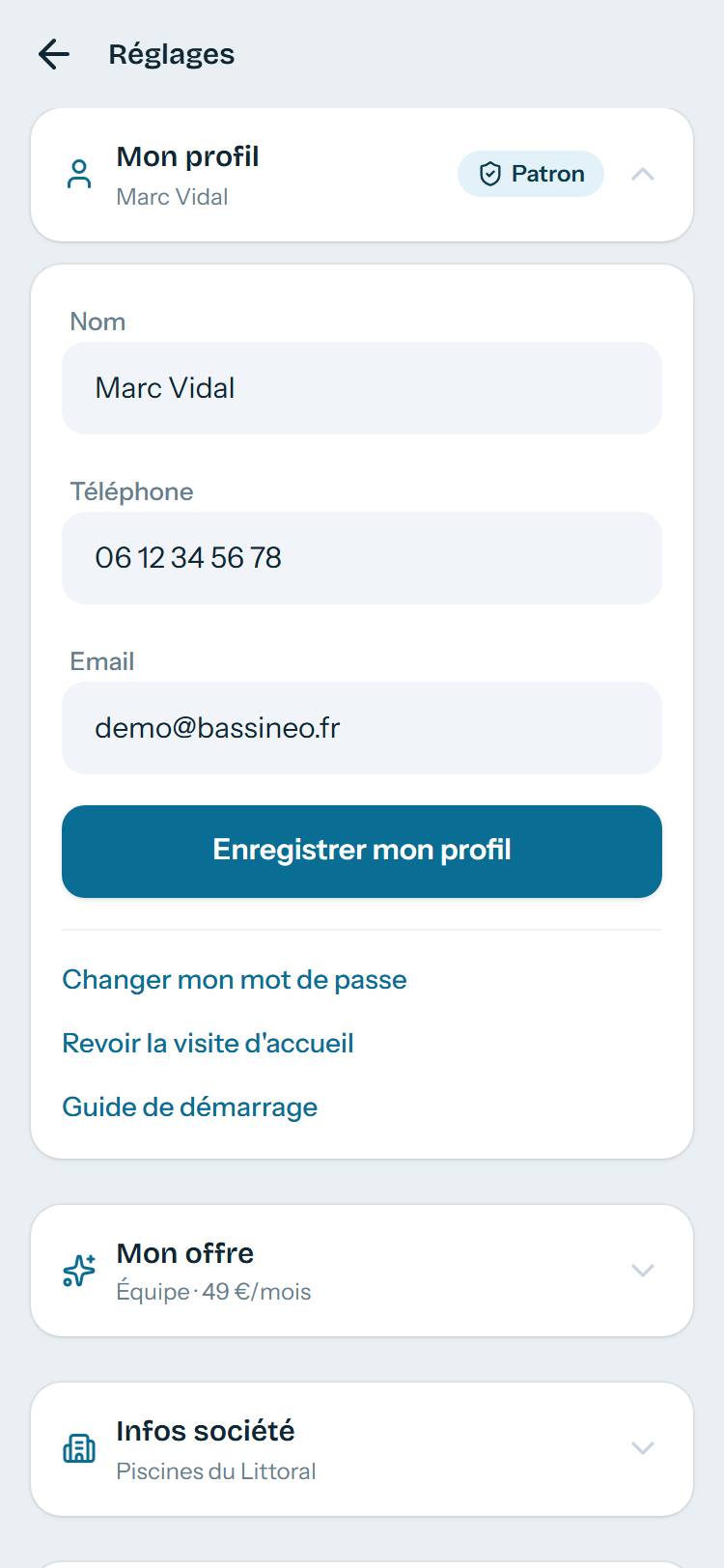 Les Réglages en blocs : chacun affiche son résumé sans qu'on l'ouvre.