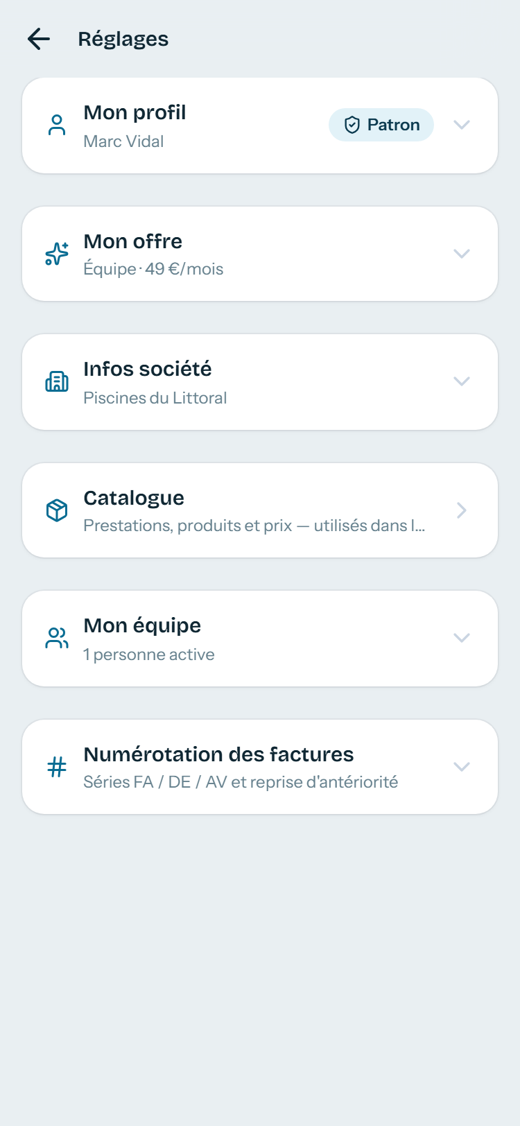 Mon profil : votre nom et votre téléphone.