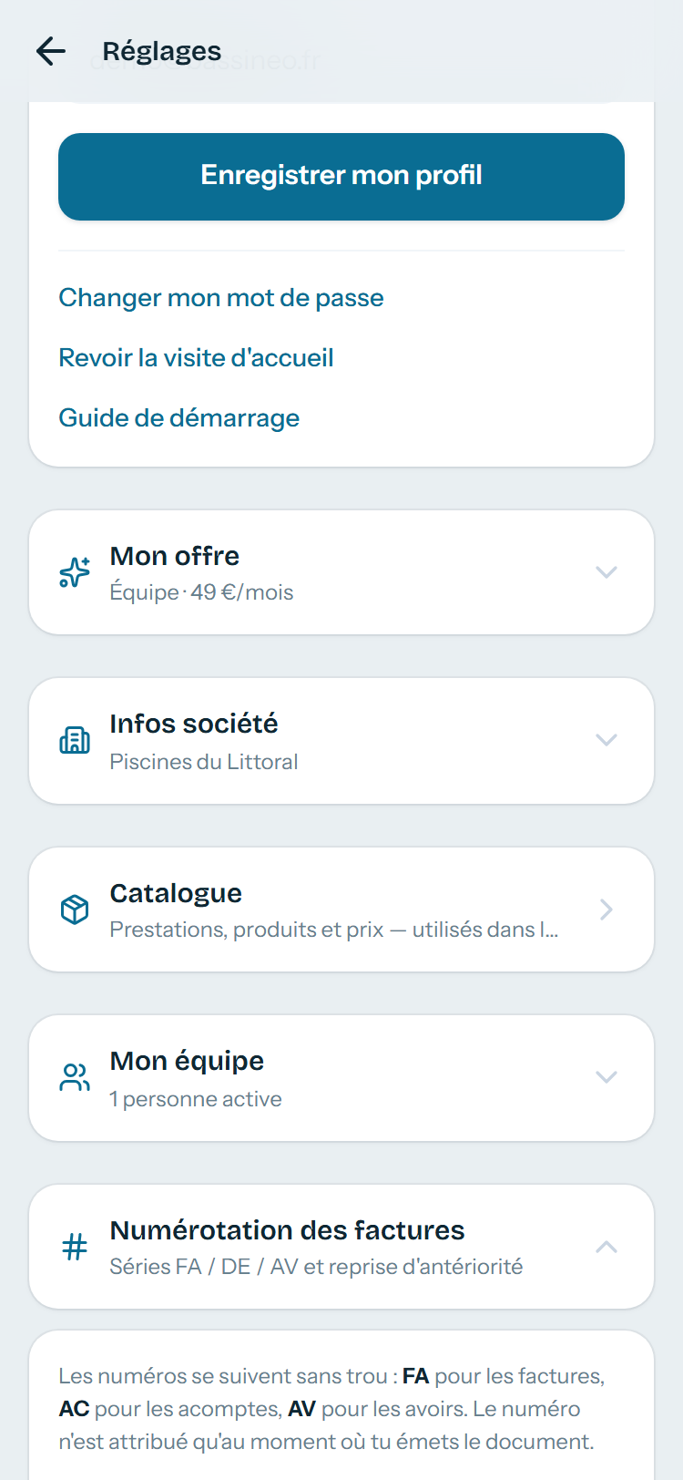 Numérotation : à régler avant la première facture.