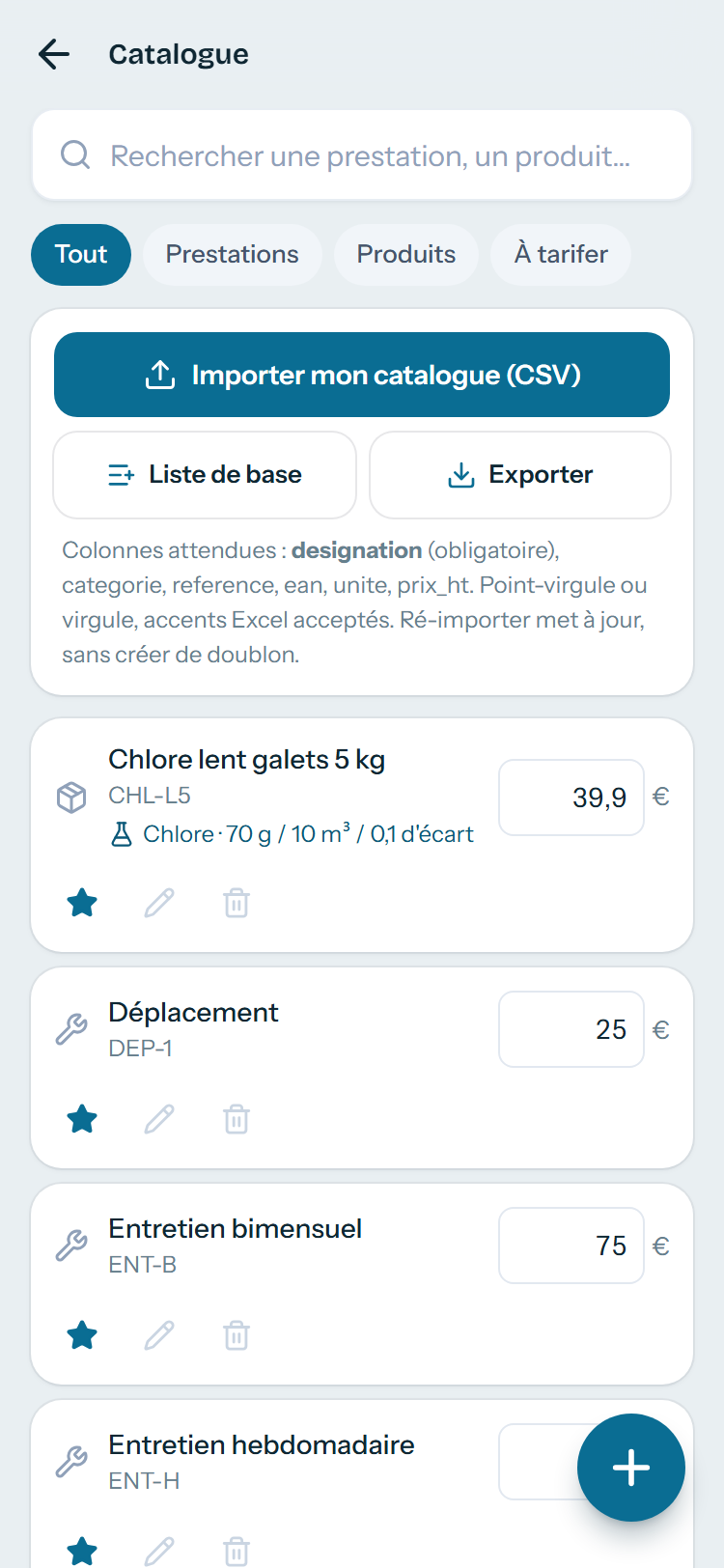 Le catalogue : une ligne par article, le prix se tape sur place.