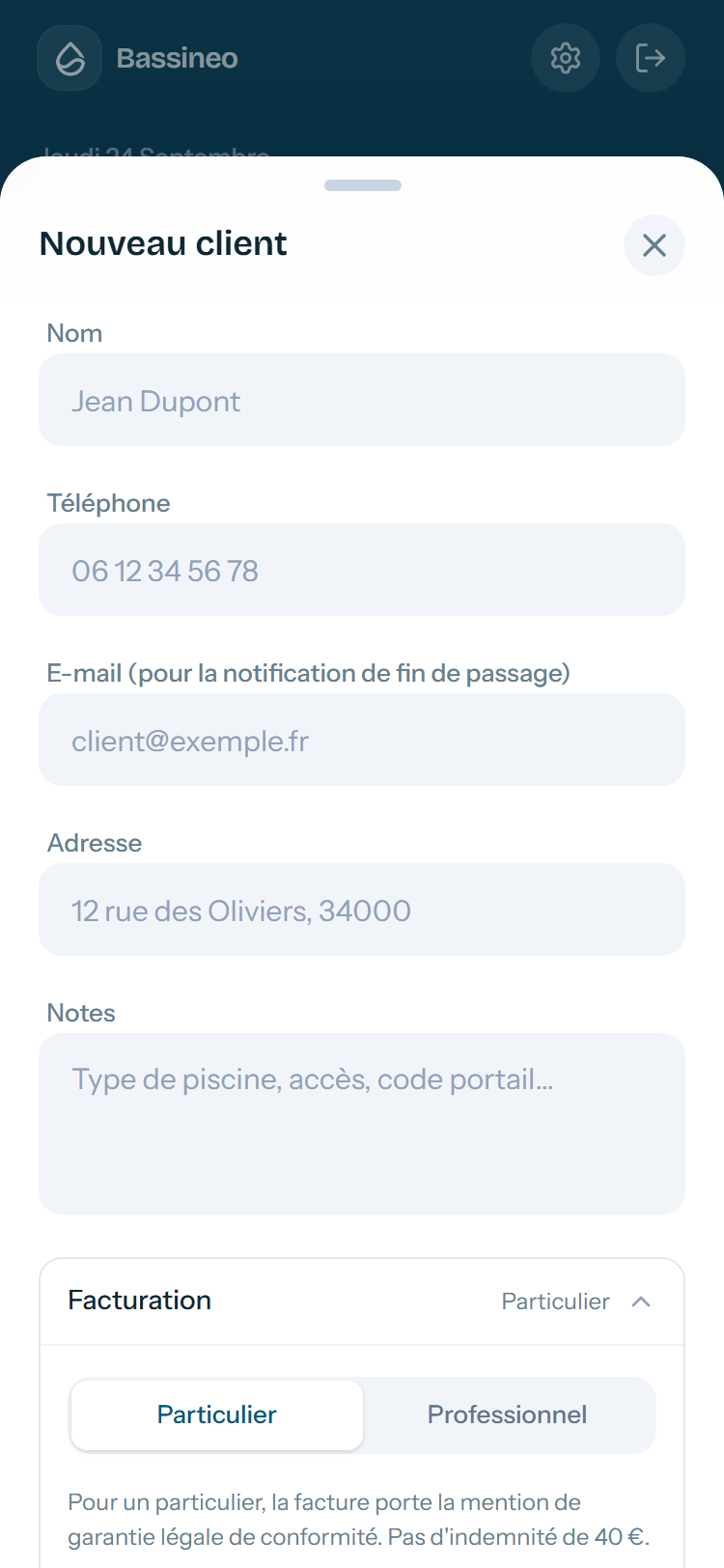 Le bloc Facturation : particulier ou professionnel, et le SIRET.