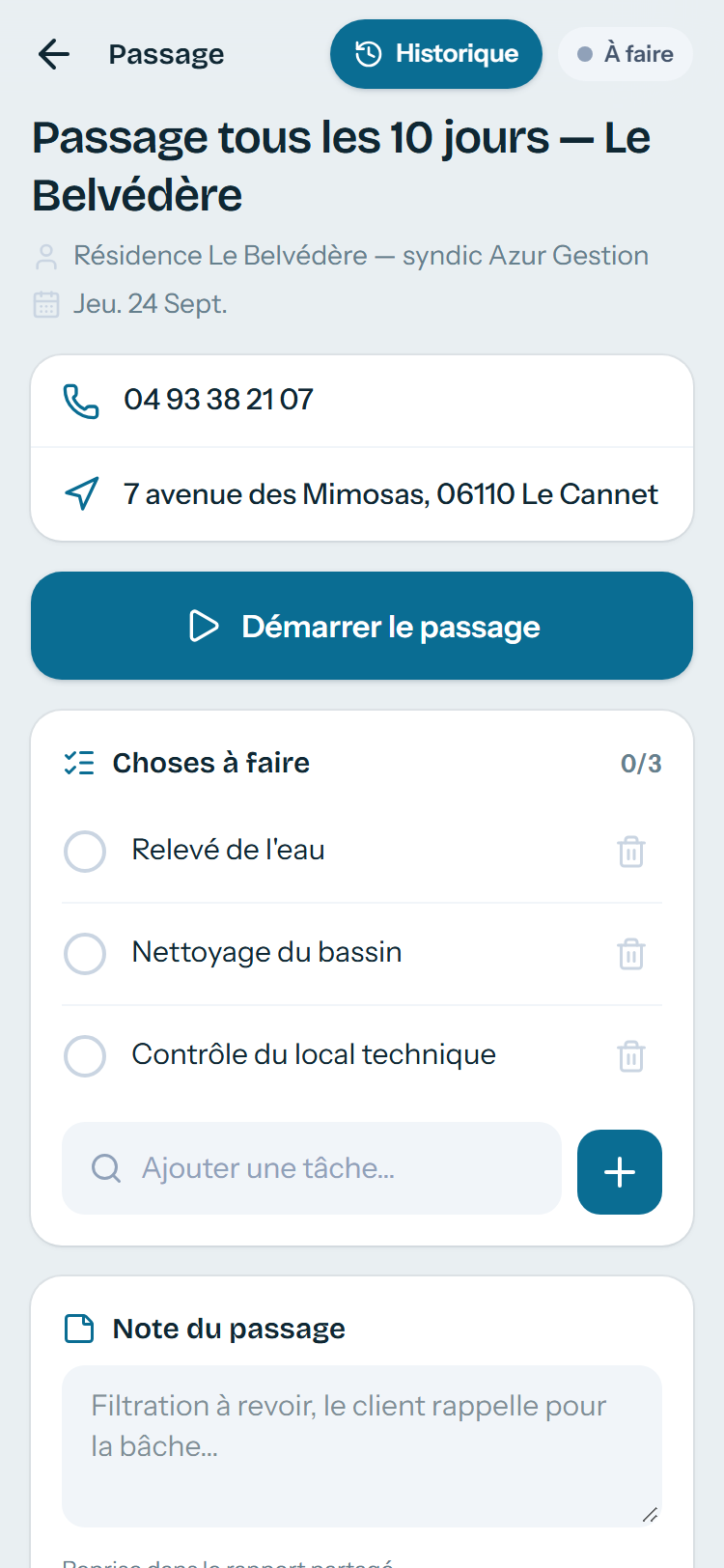 Le passage ouvert : coordonnées, bouton de statut, checklist.