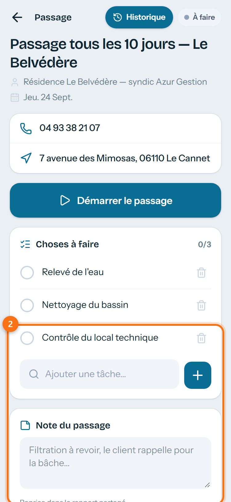 Le gros bouton : démarrer, puis clôturer.