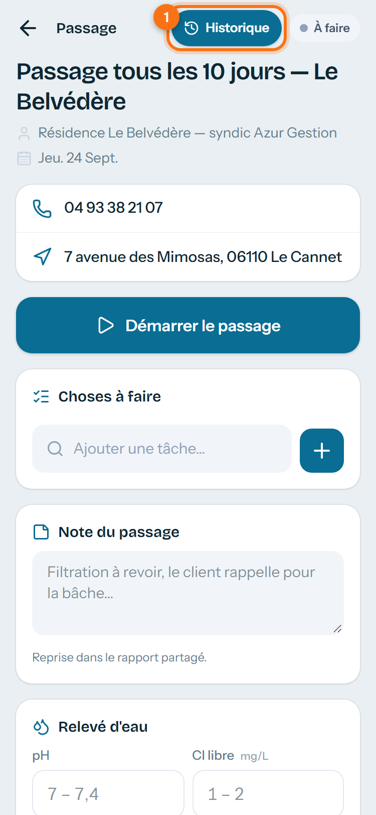 Le bouton Historique, en haut du passage.